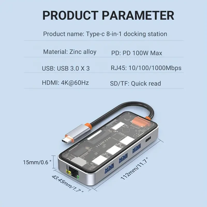 Hub USB C transparente 8 en 1