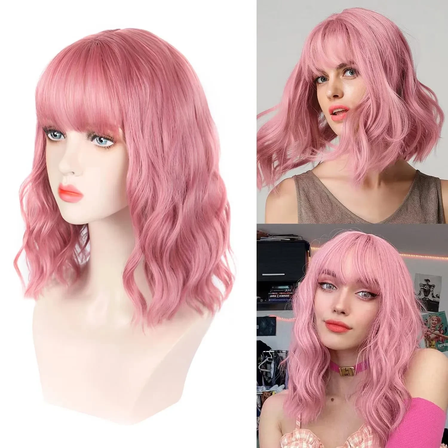 Peluca de cabeza completa estilo rizado con ondas pequeñas y flequillo al aire