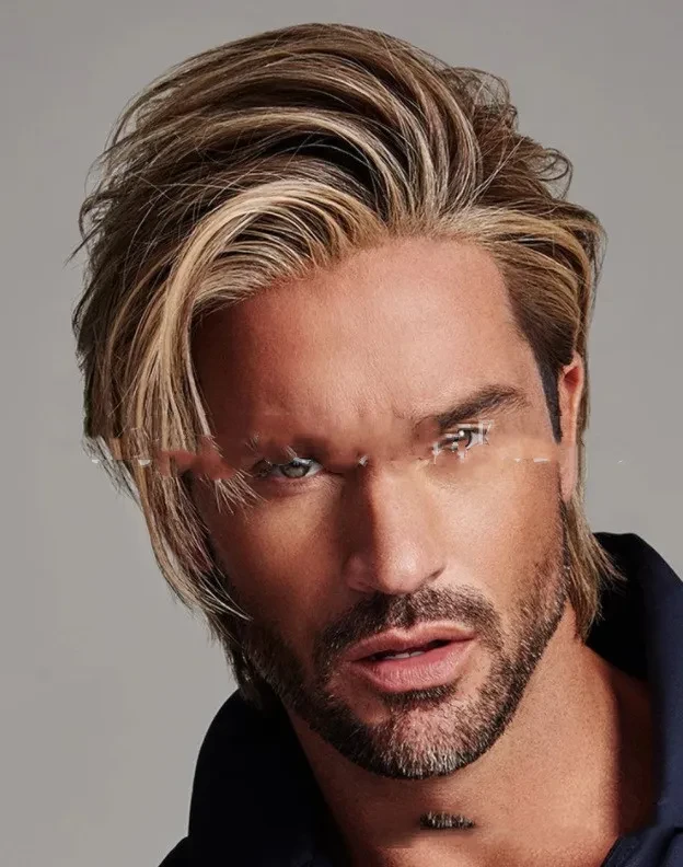 Peluca con flequillo parcial gris degradado para hombre, estilo europeo y americano