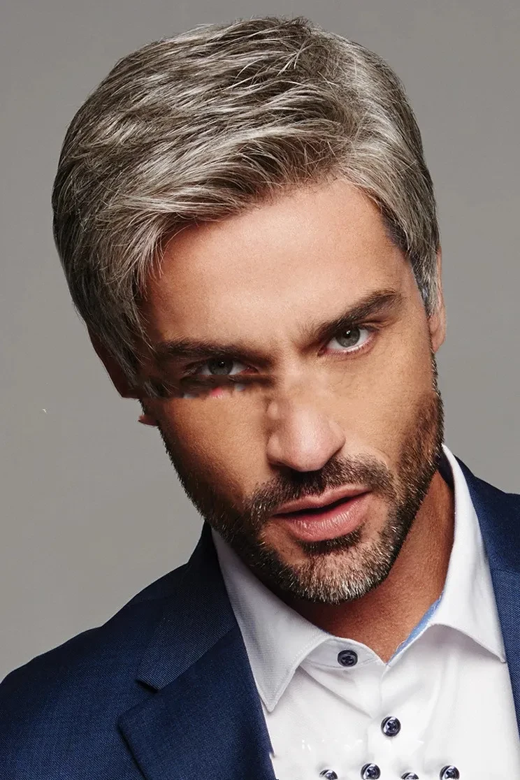Peluca con flequillo parcial gris degradado para hombre, estilo europeo y americano