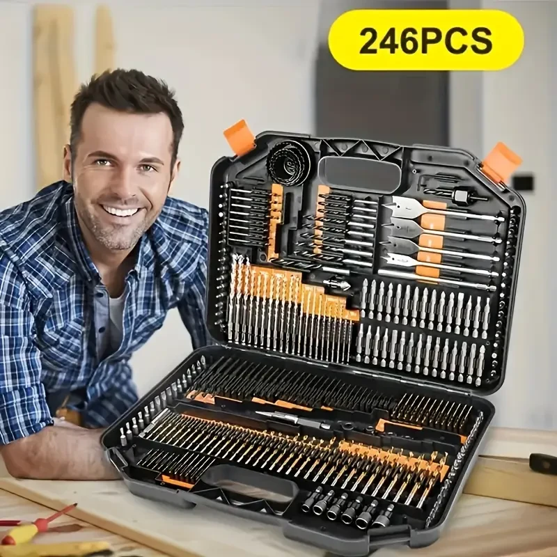 Juego de 246 brocas HSS con revestimiento de titanio y estuche resistente: perfecto para madera y metal, incluye destornilladores y vasos hexagonales, sin revestimiento para taladrar y pulir con precisión.