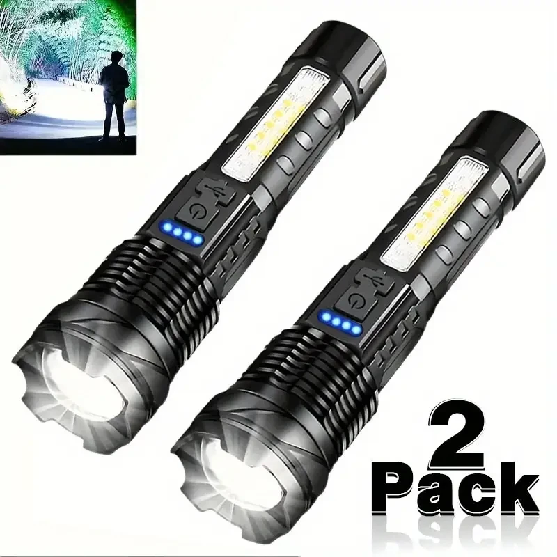 Paquete de 2 linternas LED de mano, recargables por USB, luces de trabajo ABS con luz lateral COB, LED XP50 de alta potencia, 7 modos, 150-350 lúmenes, iluminación de emergencia para exteriores, senderismo y acampada, alcance de hasta 200 m.