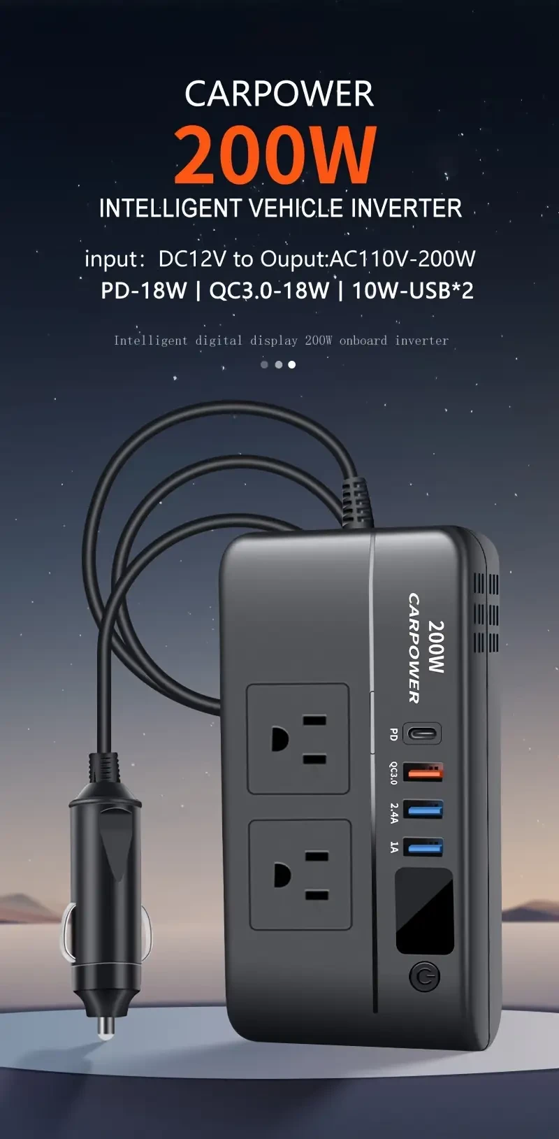 Inversor de corriente para coche de 200 W, de 12 V CC a 110 V CA, con 3 puertos USB y 1 puerto tipo C, adaptador de cargador y convertidor de enchufe con interruptor y pantalla LED de corriente, apto para coche, SUV y camión (negro)