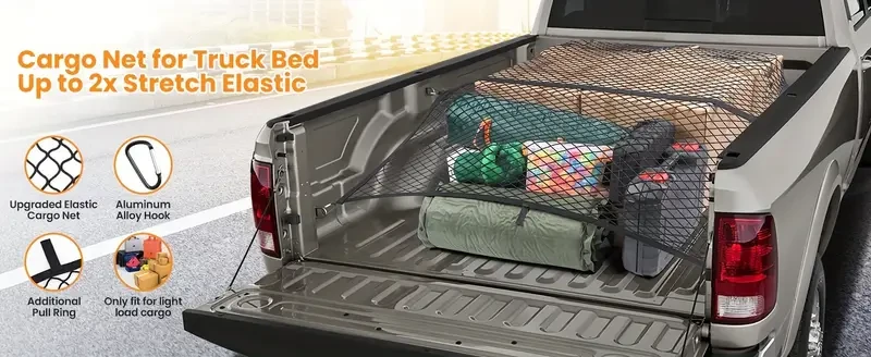 Red de carga versátil de doble capa para camiones: organizador de malla elástica, se adapta a tamaños de 3,3'x4' a 5,8'x7' y de 4'x4' a 7'x7', ideal para camionetas, remolques, SUV, vehículos todo terreno/vehículos utilitarios deportivos (ATV).