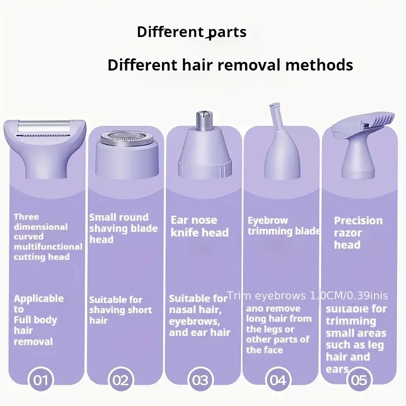 Depiladora eléctrica 5 en 1 para mujeres: recargable por USB, ideal para axilas, bikini y piernas.