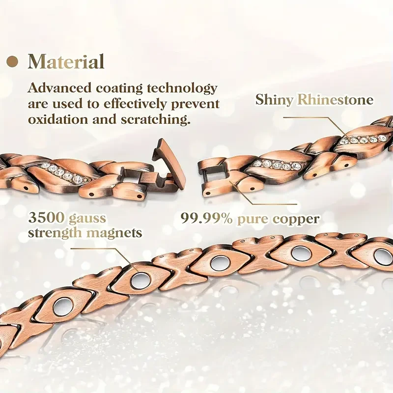 Elegante pulsera de cobre puro para mujer - Ultramagnética con imanes de 3500 Gauss (incluye herramienta para medir la talla)