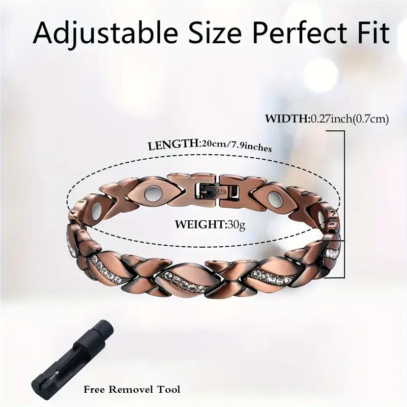 Elegante pulsera de cobre puro para mujer - Ultramagnética con imanes de 3500 Gauss (incluye herramienta para medir la talla)
