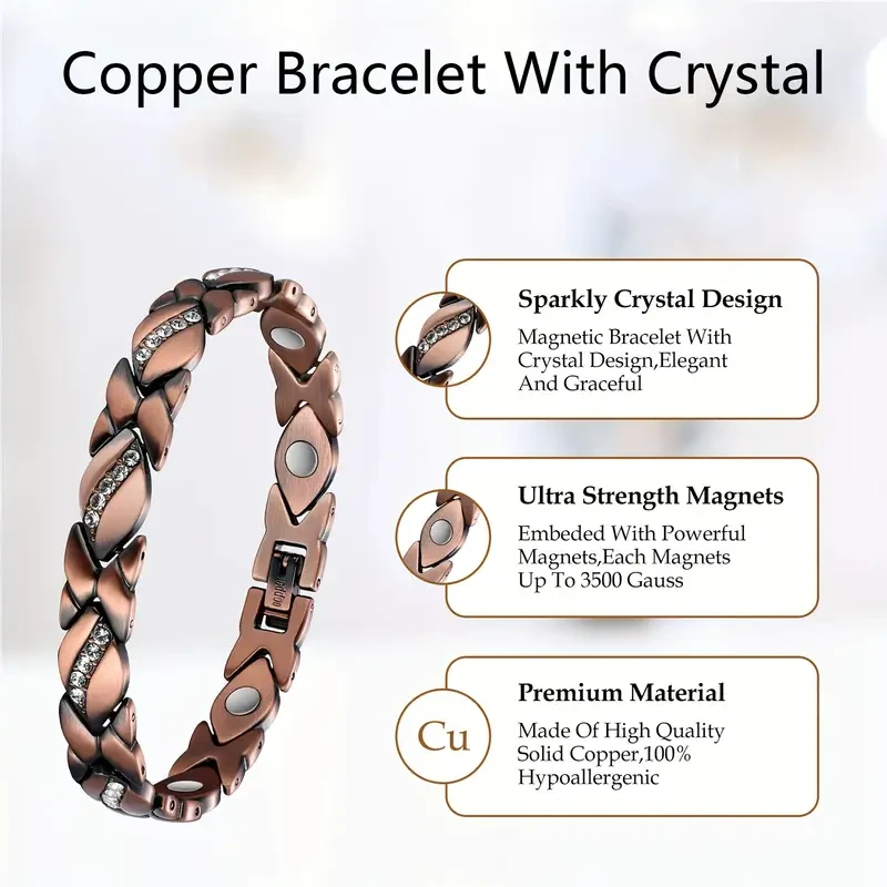 Elegante pulsera de cobre puro para mujer - Ultramagnética con imanes de 3500 Gauss (incluye herramienta para medir la talla)