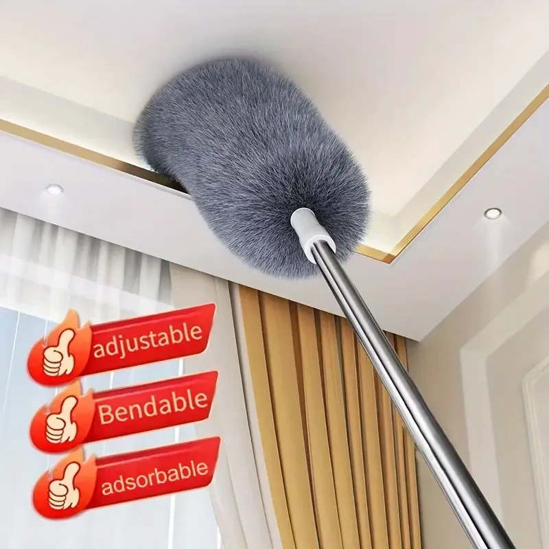 Plumero retráctil reutilizable y lavable con cabezal flexible para limpiar techos altos, muebles y coches.