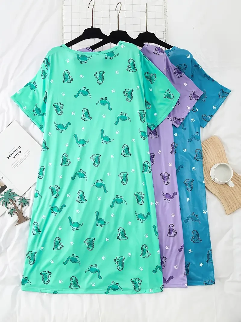 Vestido de dormir para mujer, talla grande, con estampado animal, 3 piezas