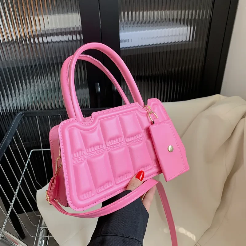 Bolso de hombro color caramelo con cartera pequeña, moderno bolso de mano con textura de cuadrícula para mujer