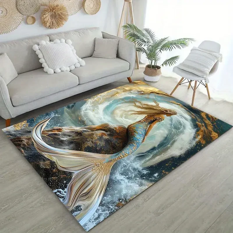 Alfombra cuadrada de lujo con diseño de sirena: suave, ideal para decorar salas de estar y dormitorios, aportando calidez y estilo.