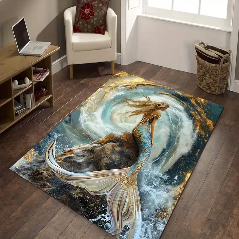 Alfombra cuadrada de lujo con diseño de sirena: suave, ideal para decorar salas de estar y dormitorios, aportando calidez y estilo.