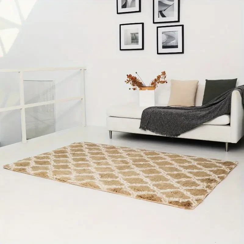 Alfombra de lujo Zulida con diseño de rombos: suave, esponjosa y no ignífuga, 450 g/m² con reverso no tejido duradero, lavable a máquina para sala de estar y dormitorio, forro polar largo, amarillo romántico, antideslizante.