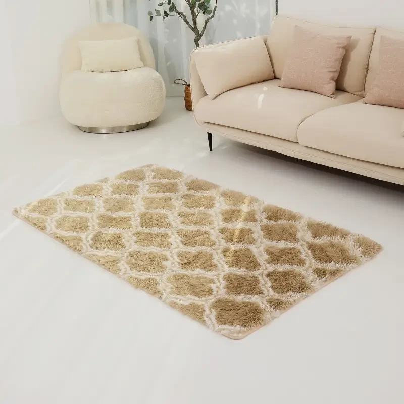 Alfombra de lujo Zulida con diseño de rombos: suave, esponjosa y no ignífuga, 450 g/m² con reverso no tejido duradero, lavable a máquina para sala de estar y dormitorio, forro polar largo, amarillo romántico, antideslizante.