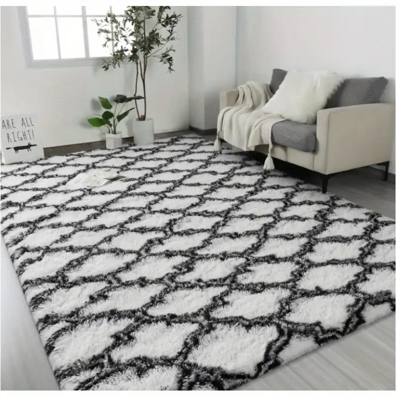 1 alfombra de lujo suave y peluda con diseño geométrico de rombos, de fibra de poliéster esponjosa, ideal para sala de estar y dormitorio, antideslizante, lavable a máquina.