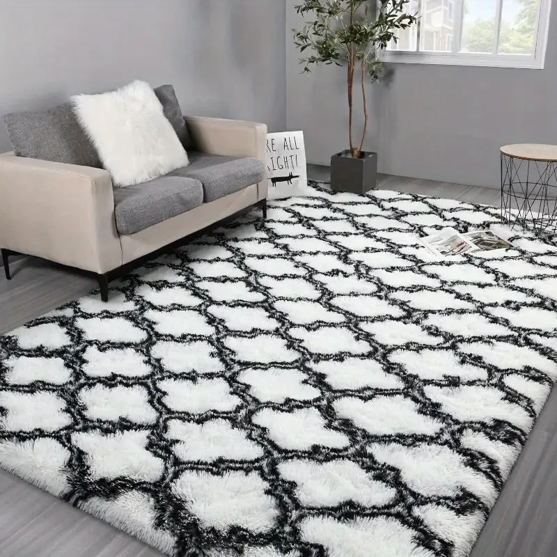 1 alfombra de lujo suave y peluda con diseño geométrico de rombos, de fibra de poliéster esponjosa, ideal para sala de estar y dormitorio, antideslizante, lavable a máquina.