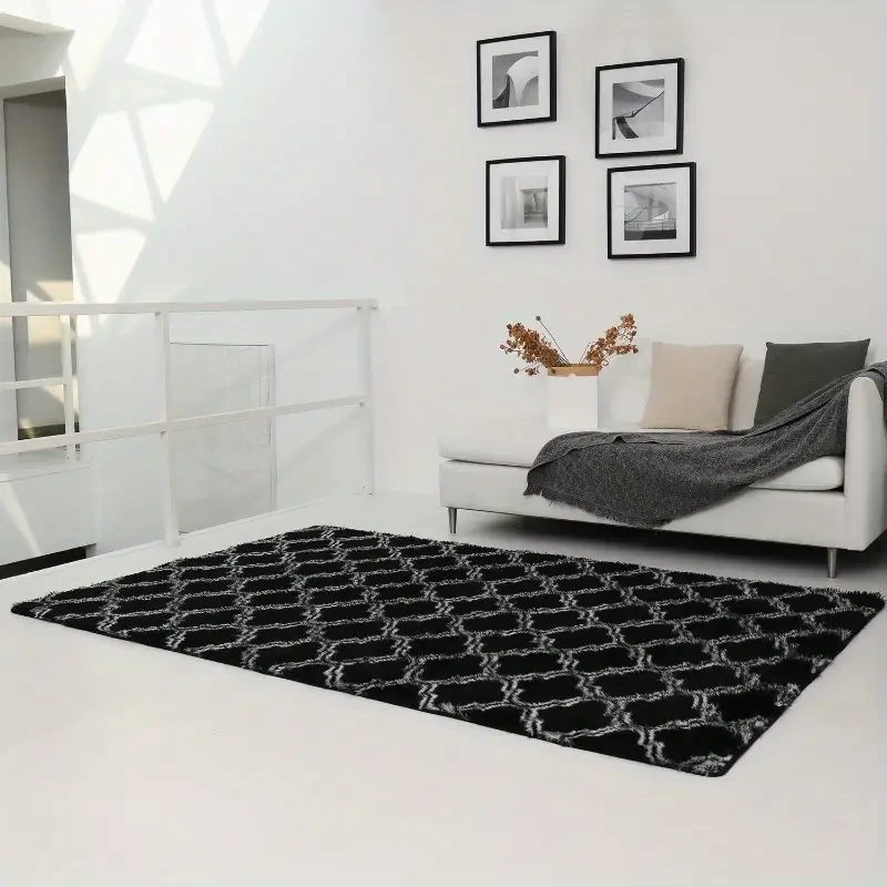 Alfombra de lujo Zulida con estampado de rombos en blanco y negro: suave, esponjosa, no ignífuga, lavable a máquina y con base antideslizante para sala de estar y dormitorio.