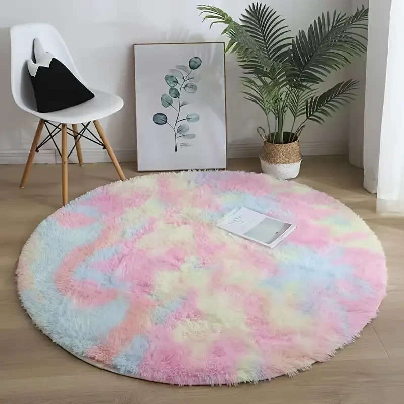 Alfombra redonda de pelo largo con efecto tie-dye: antideslizante, de suave mezcla de poliéster, perfecta para decorar dormitorios, salas de estar y baños. Alfombra circular y colorida para la decoración del hogar.