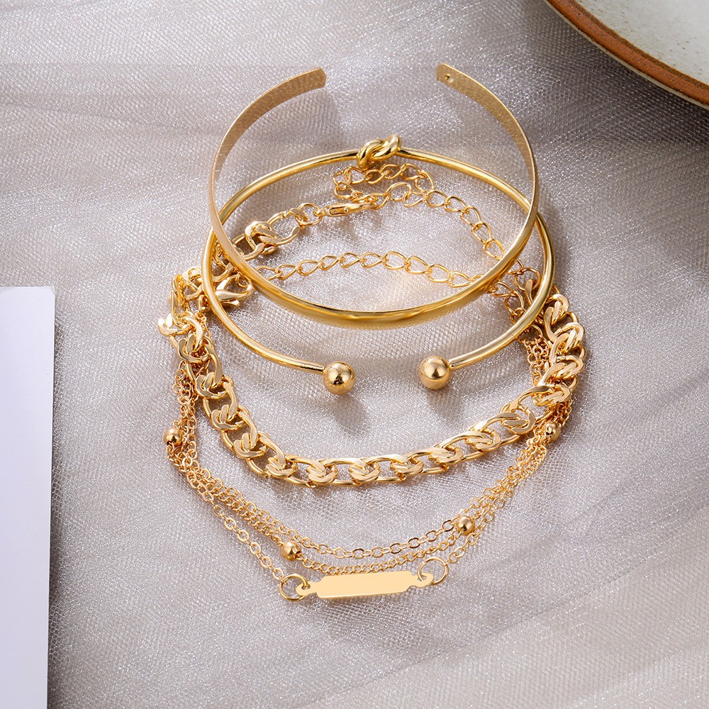 Conjunto de 4 pulseras de cadena de cien anillos simples europeos y americanos