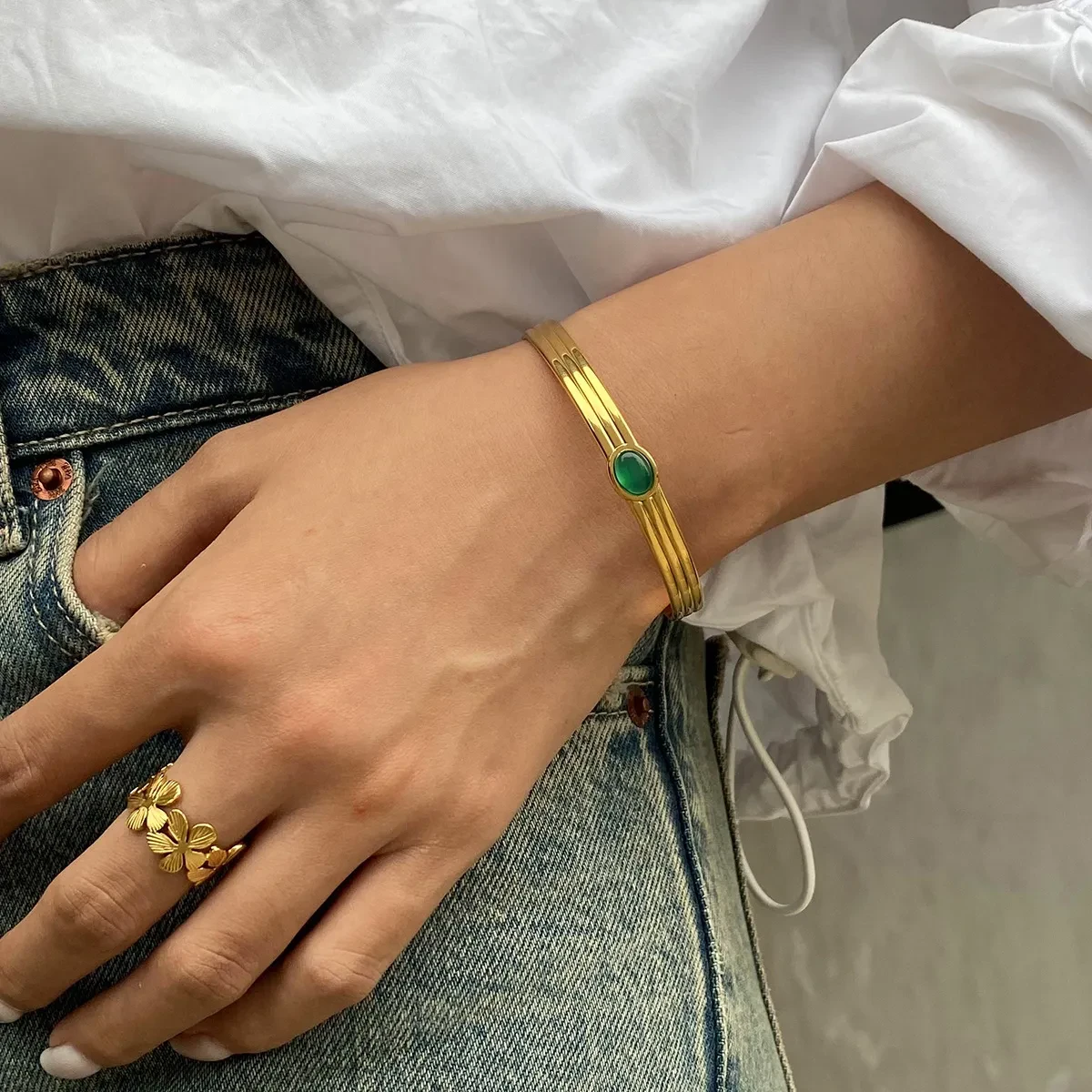 Pulsera de hilo de ágata verde de acero inoxidable de moda