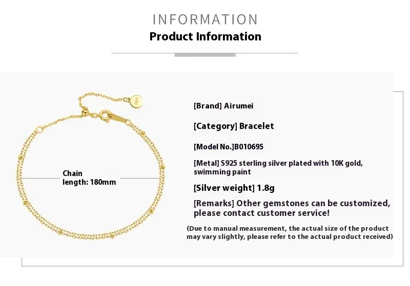 Pulsera sencilla de doble capa con baño de plata 925 y 10 quilates de color amarillo para mujer