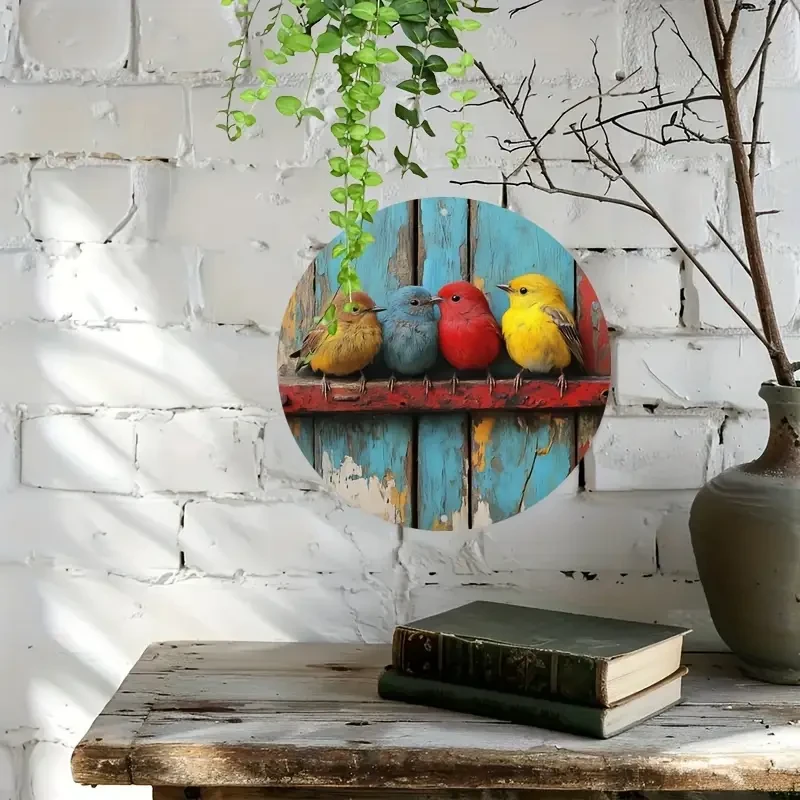 Letrero de hojalata con pájaros vibrantes sobre tubería desgastada - 20,32 x 20,32 cm