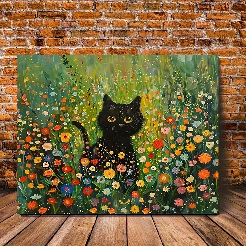 Lienzo con un encantador gato negro y flores, 30,48 x 40,64 cm. Decoración de pared original para el hogar, la oficina y la cafetería.