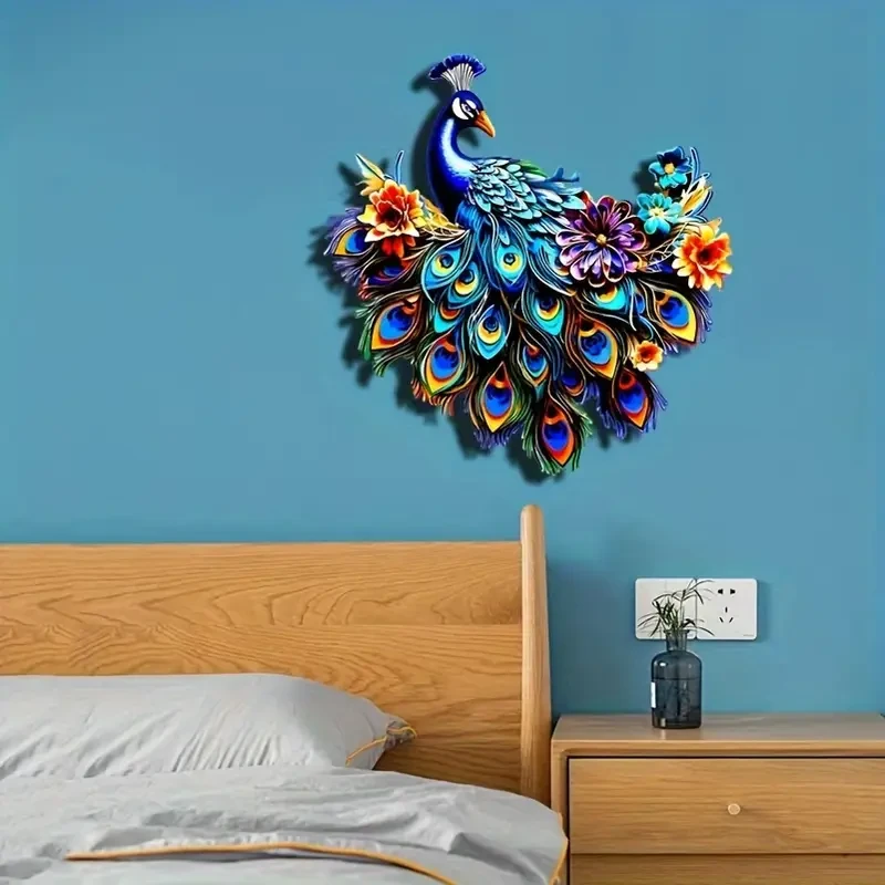 Arte de pared colorido de pavo real de metal de 12,6"