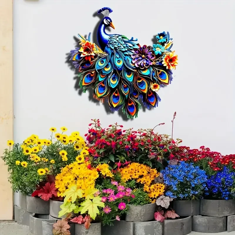 Arte de pared colorido de pavo real de metal de 12,6"