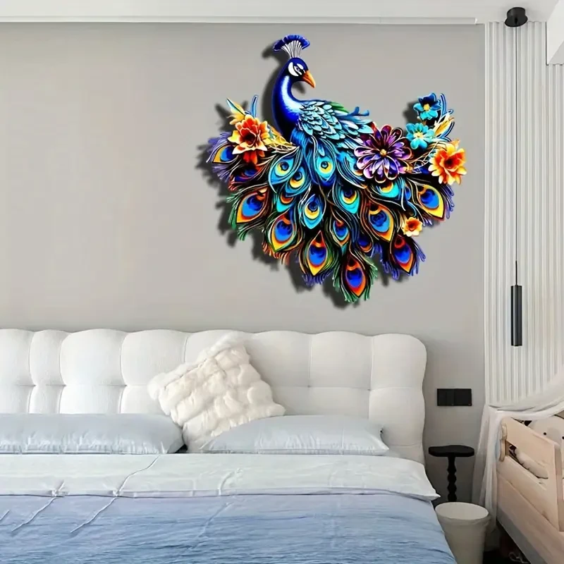 Arte de pared colorido de pavo real de metal de 12,6"