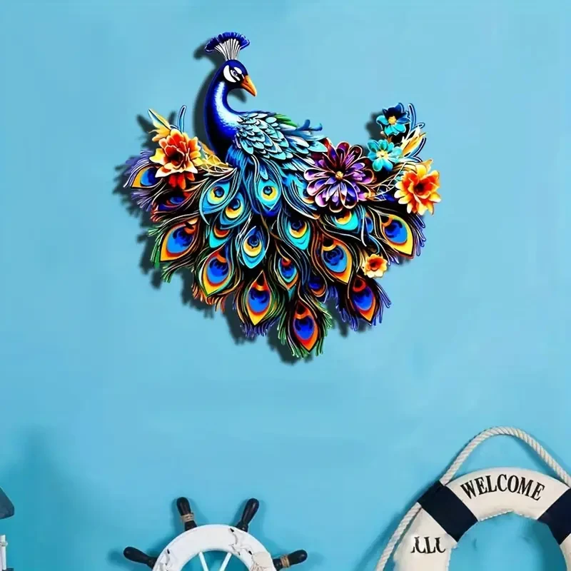 Arte de pared colorido de pavo real de metal de 12,6"