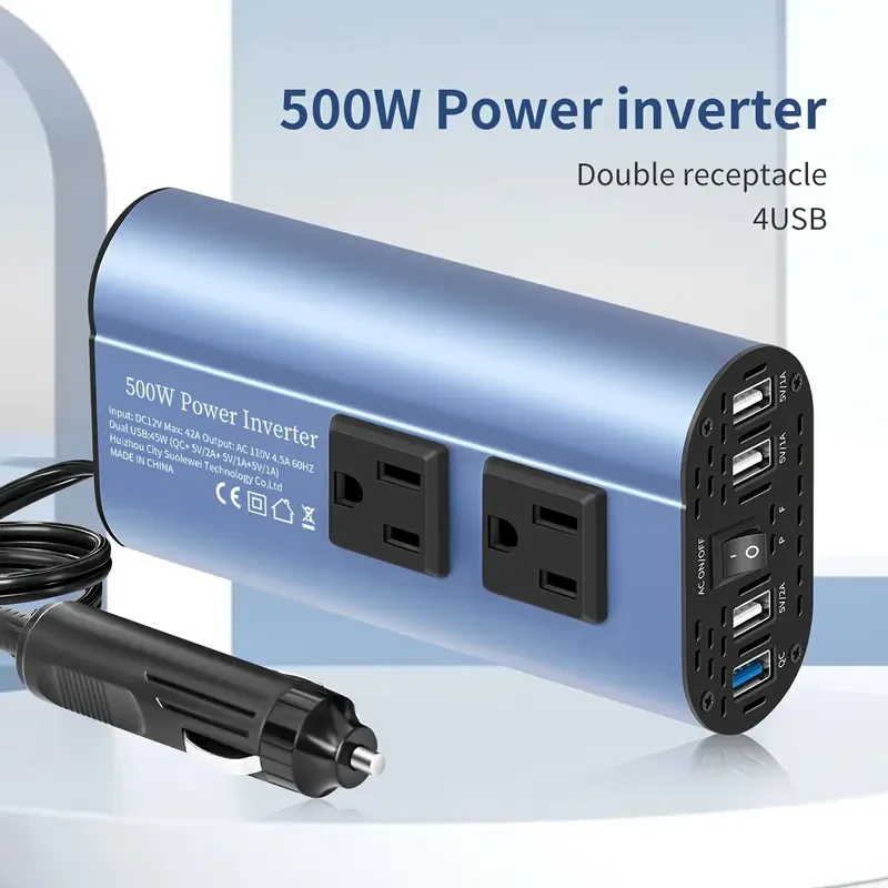 Inversor de corriente para coche: 500 W pico, CC 12 V a CA 110 V, pantalla LCD, dos tomas de CA, 4 cargadores USB, apto para coches, casas, portátiles, camiones y enchufes estándar de EE. UU.
