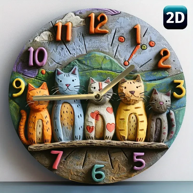 Reloj de pared decorativo de cuarzo con adorables gatos, 2D, 8 pulgadas: el regalo perfecto para los amantes de los gatos.