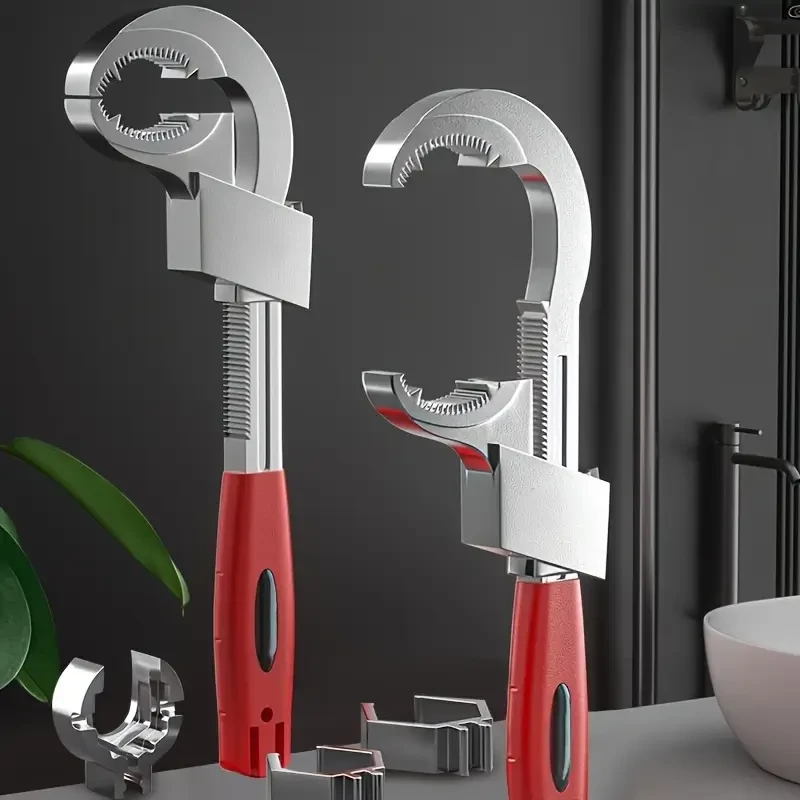 Llave ajustable para lavabo de baño de gran diámetro (máximo 80 mm), aleación de aluminio cromado, mango de ABS, herramienta manual para instalación y extracción de tuberías de cocina y baño, color rojo, funcionamiento mecánico, no requiere electricidad.