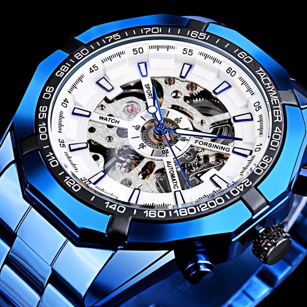 Reloj mecánico automático informal con baño azul hueco