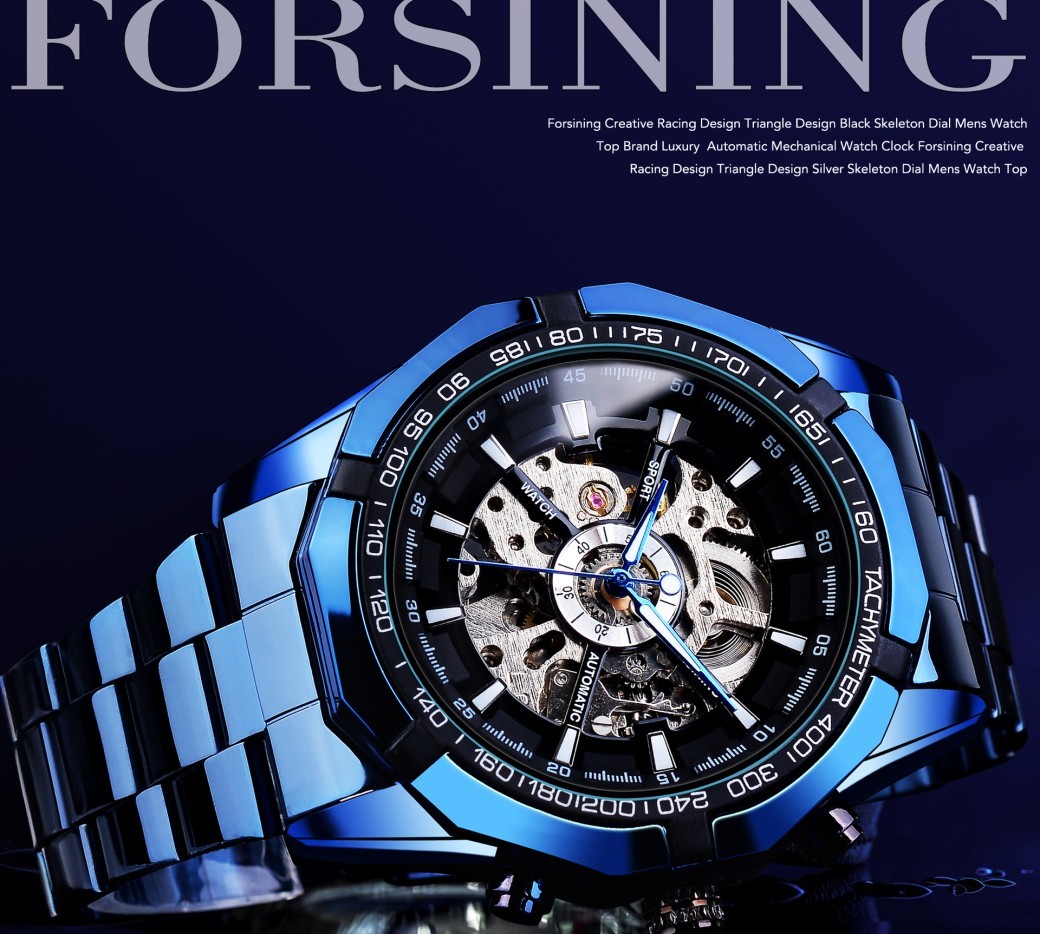 Reloj mecánico automático informal con baño azul hueco