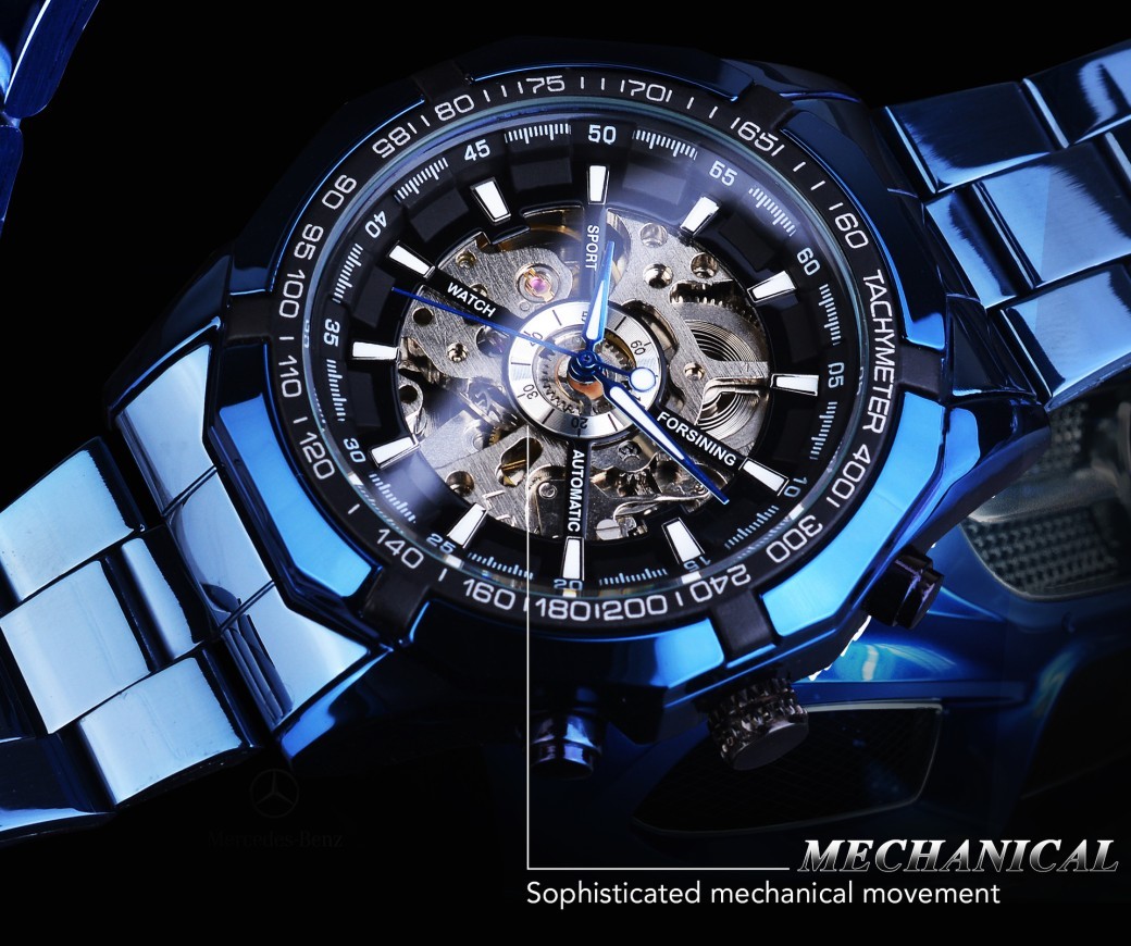 Reloj mecánico automático informal con baño azul hueco