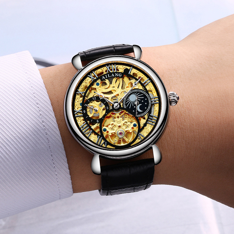 Reloj mecánico automático de moda para hombre con movimiento hueco dorado y cuero para negocios.