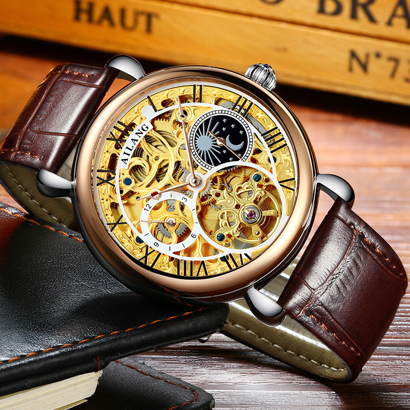 Reloj mecánico automático de moda para hombre con movimiento hueco dorado y cuero para negocios.