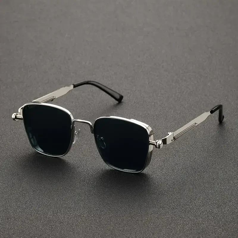 Gafas de moda con montura cuadrada de metal plateado estilo steampunk retro