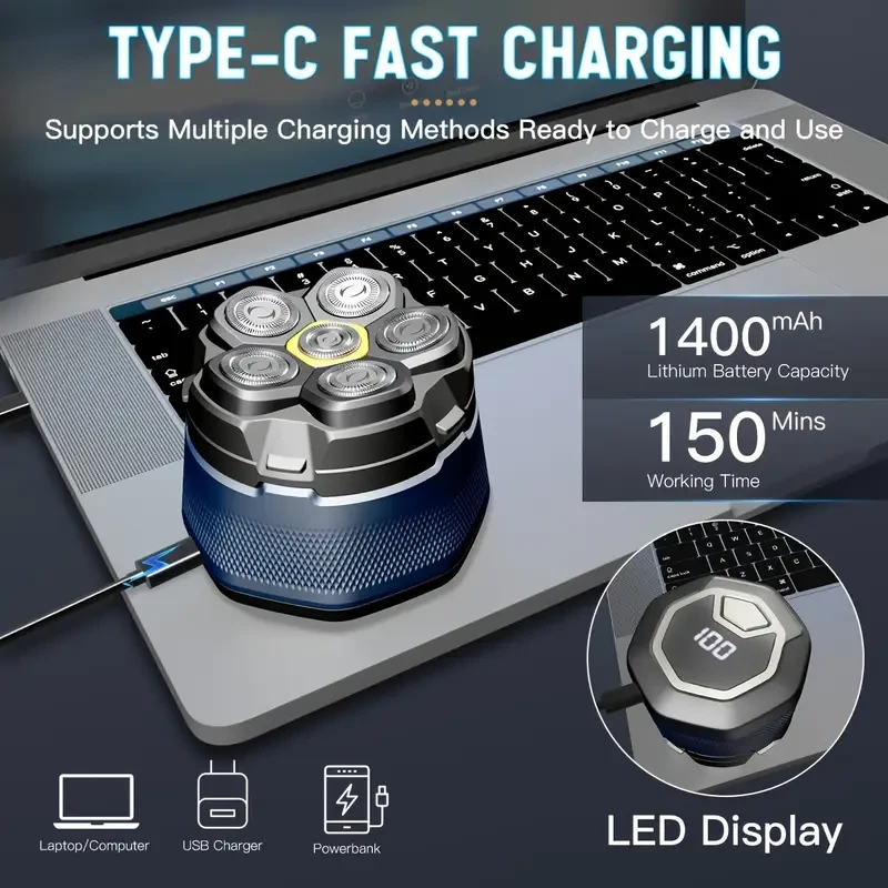 Afeitadora rotativa recargable por USB para hombre, batería de litio de 1400 mAh, carga rápida tipo C, pantalla LED, cabezal flotante de 6 cuchillas, sin cortes ni irritación, uso en seco y húmedo, larga duración, ideal como regalo.