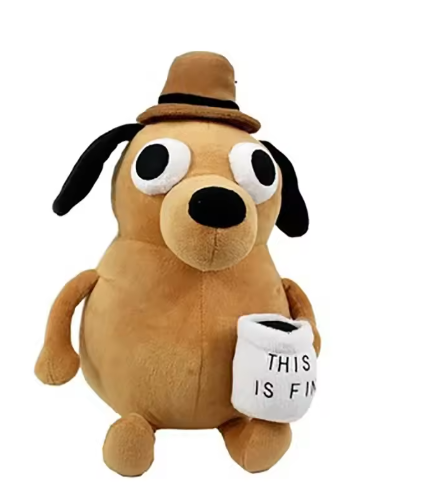 Peluche de perro de café de 25 cm con forma de meme "This Is Fine", muñeco de peluche suave, animales de peluche, juguete para niños, regalo de cumpleaños para niños.