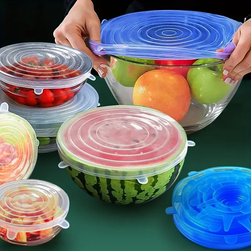 6 tapas elásticas de silicona reutilizables y duraderas.