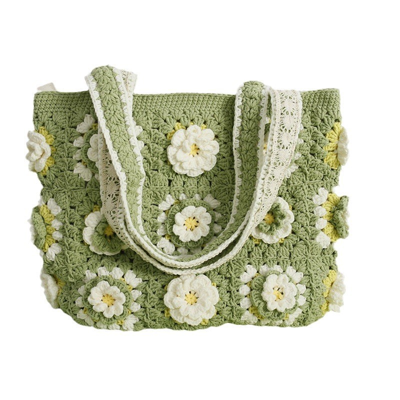 Bolso de mujer tejido a ganchillo con lana laminada matcha