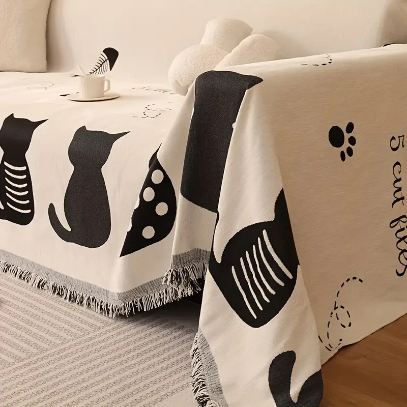 1 funda de sofá de chenilla con diseño de gato y dibujos animados, universal para las cuatro estaciones.