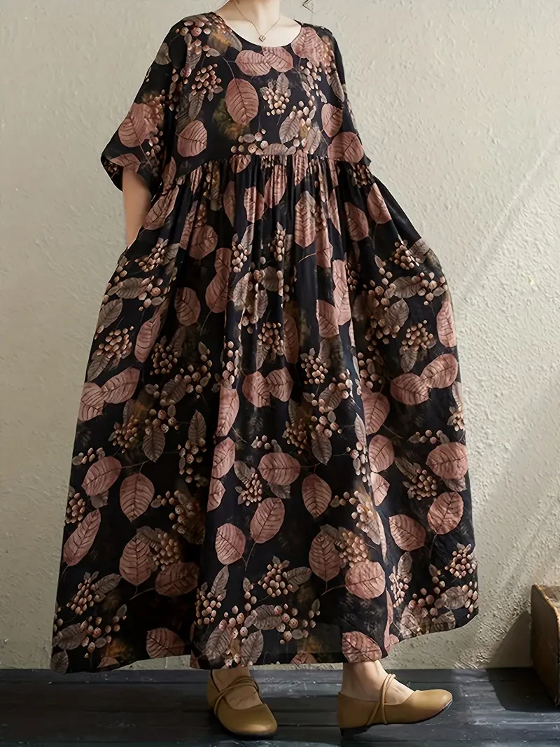 Vestido midi holgado de corte A con cuello redondo, de inspiración vintage, en viscosa no elástica.