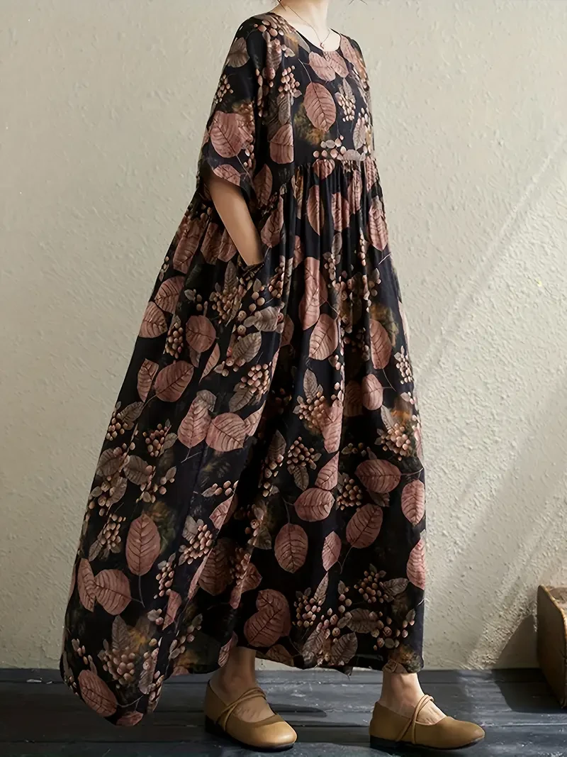 Vestido midi holgado de corte A con cuello redondo, de inspiración vintage, en viscosa no elástica.