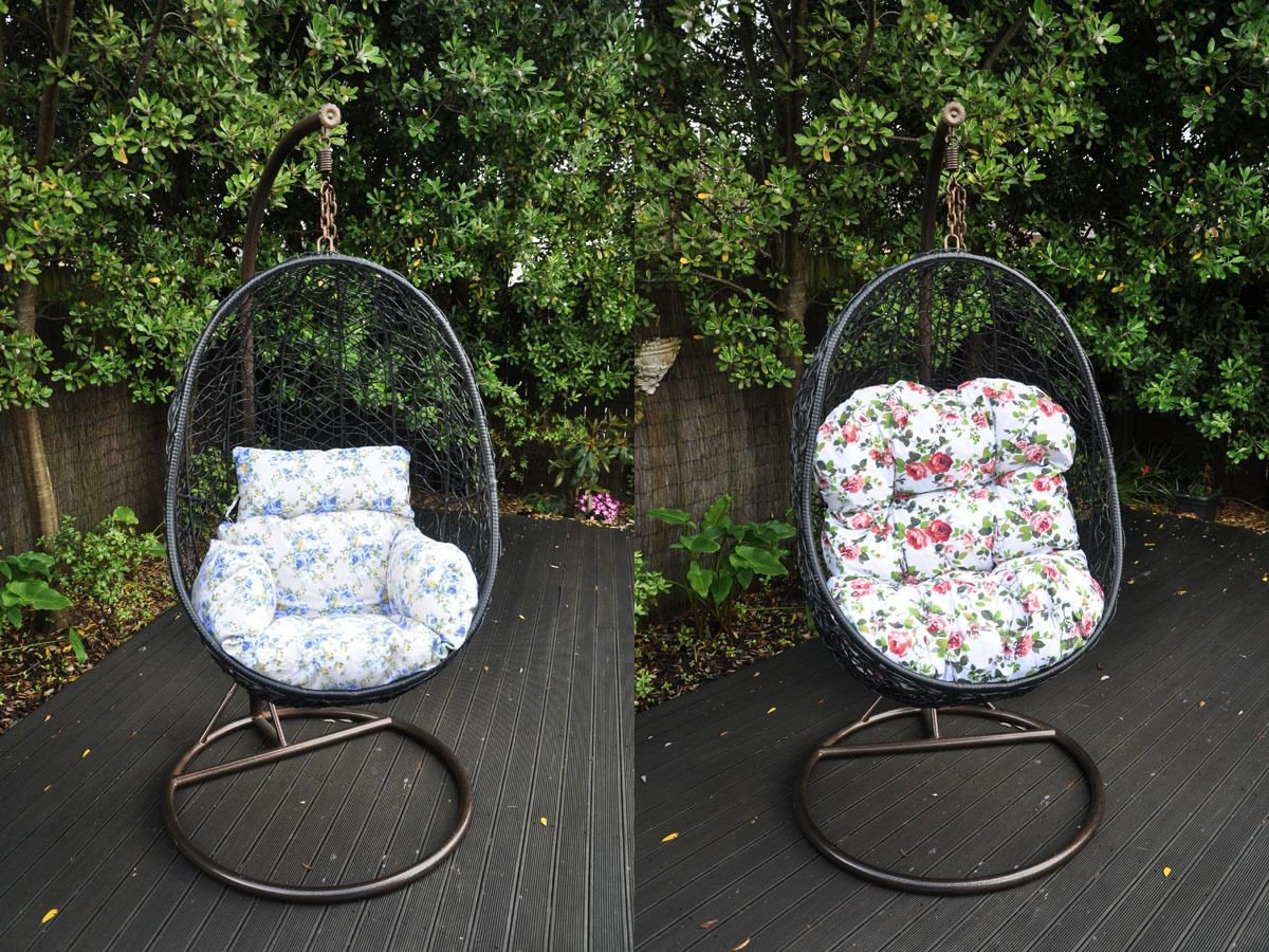 Sillón colgante de ratán sintético para patio y jardín con cojín de tejido en forma de huevo - Negro