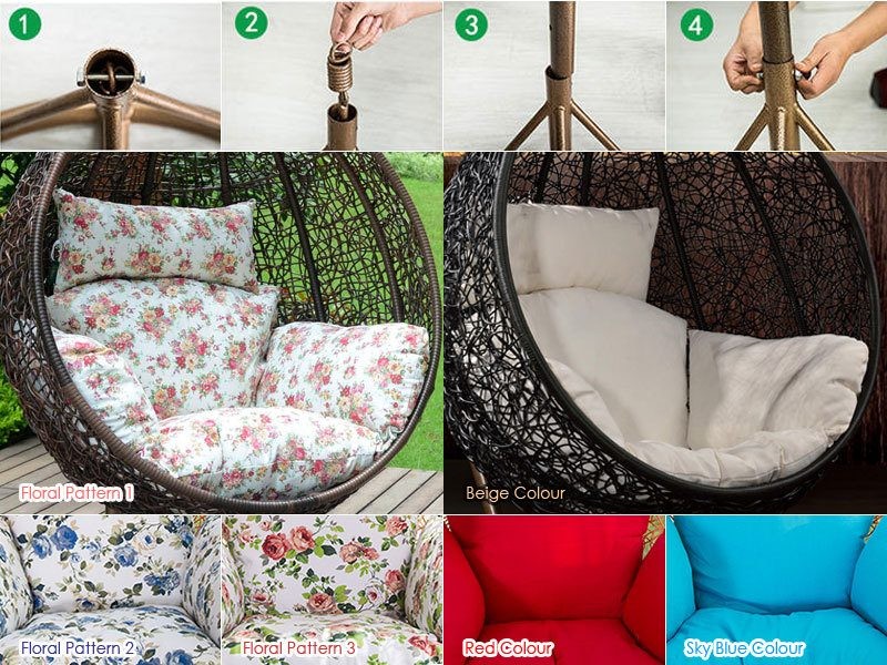 Sillón colgante de ratán sintético para patio y jardín con cojín de tejido en forma de huevo - Negro